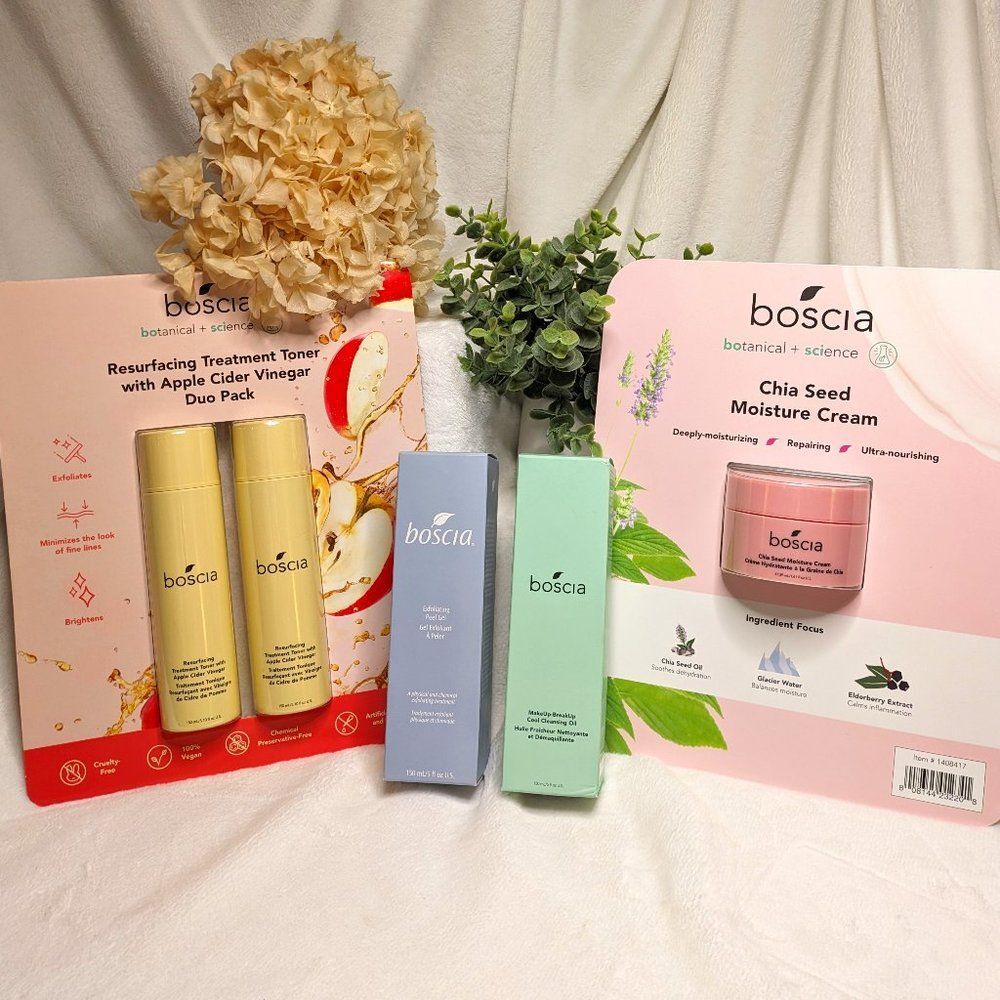 boscia Bundle MakeUp-BreakUp Cleansing Oil, Chia Moisture Cream, Toner, Peel(x5)